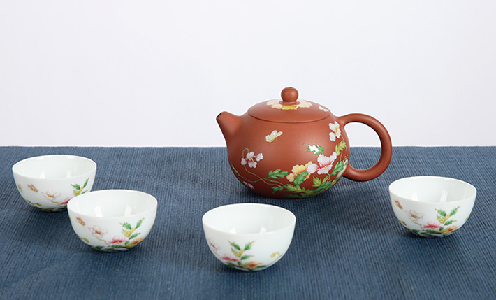 5头搪瓷彩茶具（蝶恋花）
